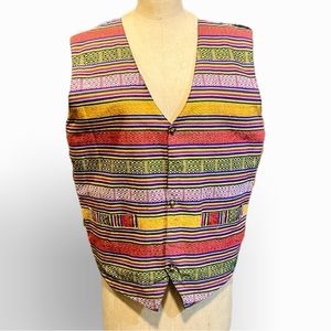 VINTAGE Nepal woven 100% cotton vest multicolor stripe‎ button front 80s